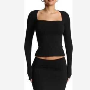 Naked Wardrobe Square Neck Long Sleeve Top Black Size Large NWT